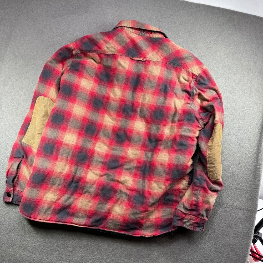 Sun Stone Flannel Shirt Jacket Mens XL Red Plaid Quilted Lining Elbow Patches